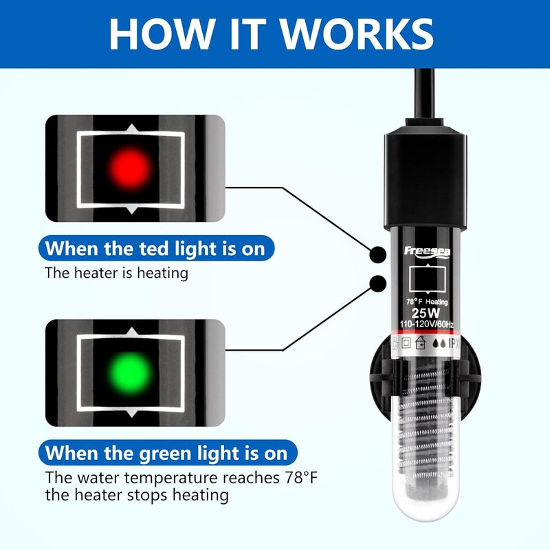 FREESEA سخان حوض السمك: 25 واط / 50 واط / 100 واط / 300 واط سخان حوض سمك صغير قابل للغمر مع درجة حرارة مسبقة لـ 1-5 جالون لسمكة البيتا والسلحفاة في المياه العذبة والمالحة - Image 2